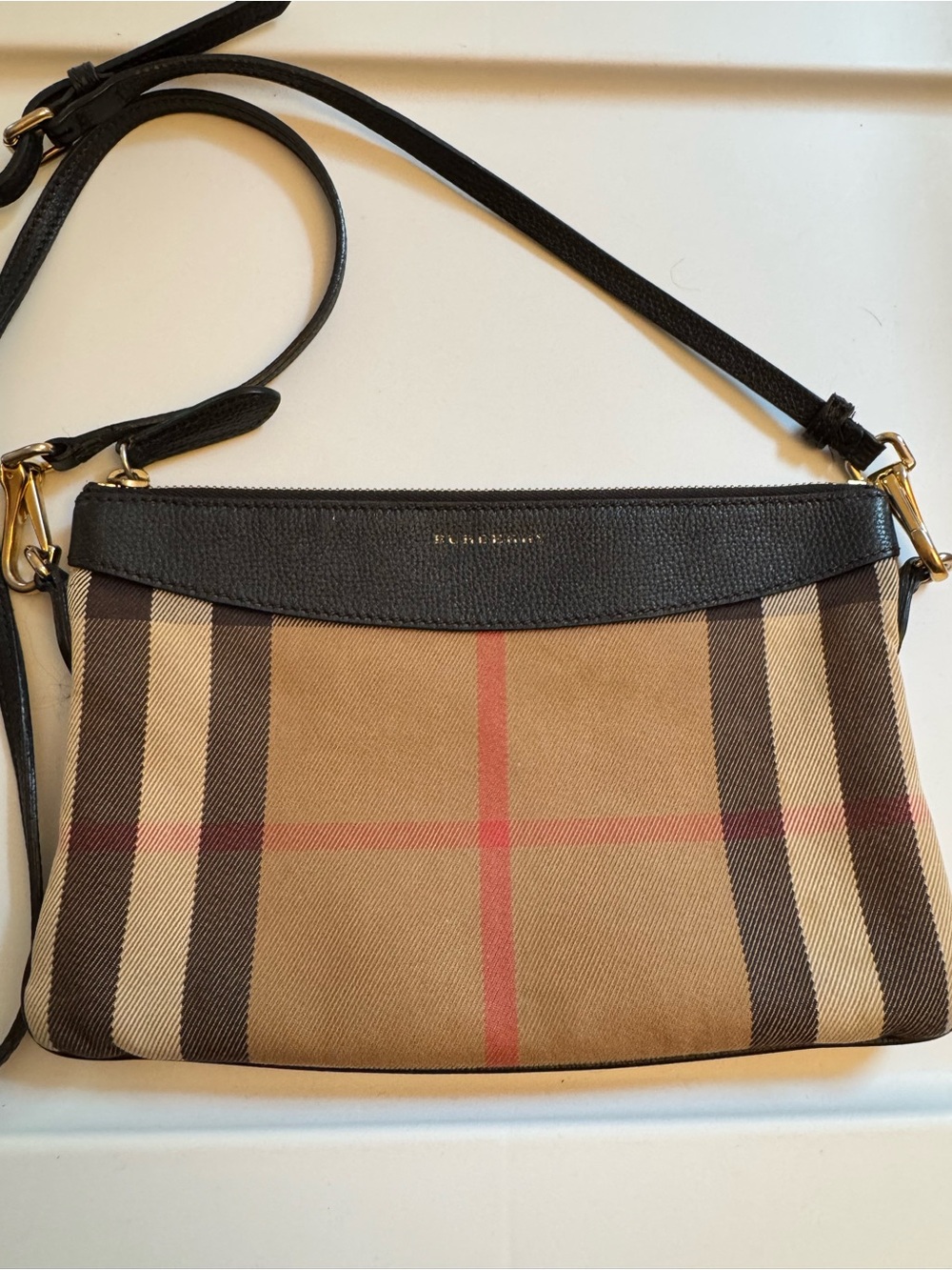 Burberry Peyton Black Trim Tan Check Crossbody Bag with Red Accent